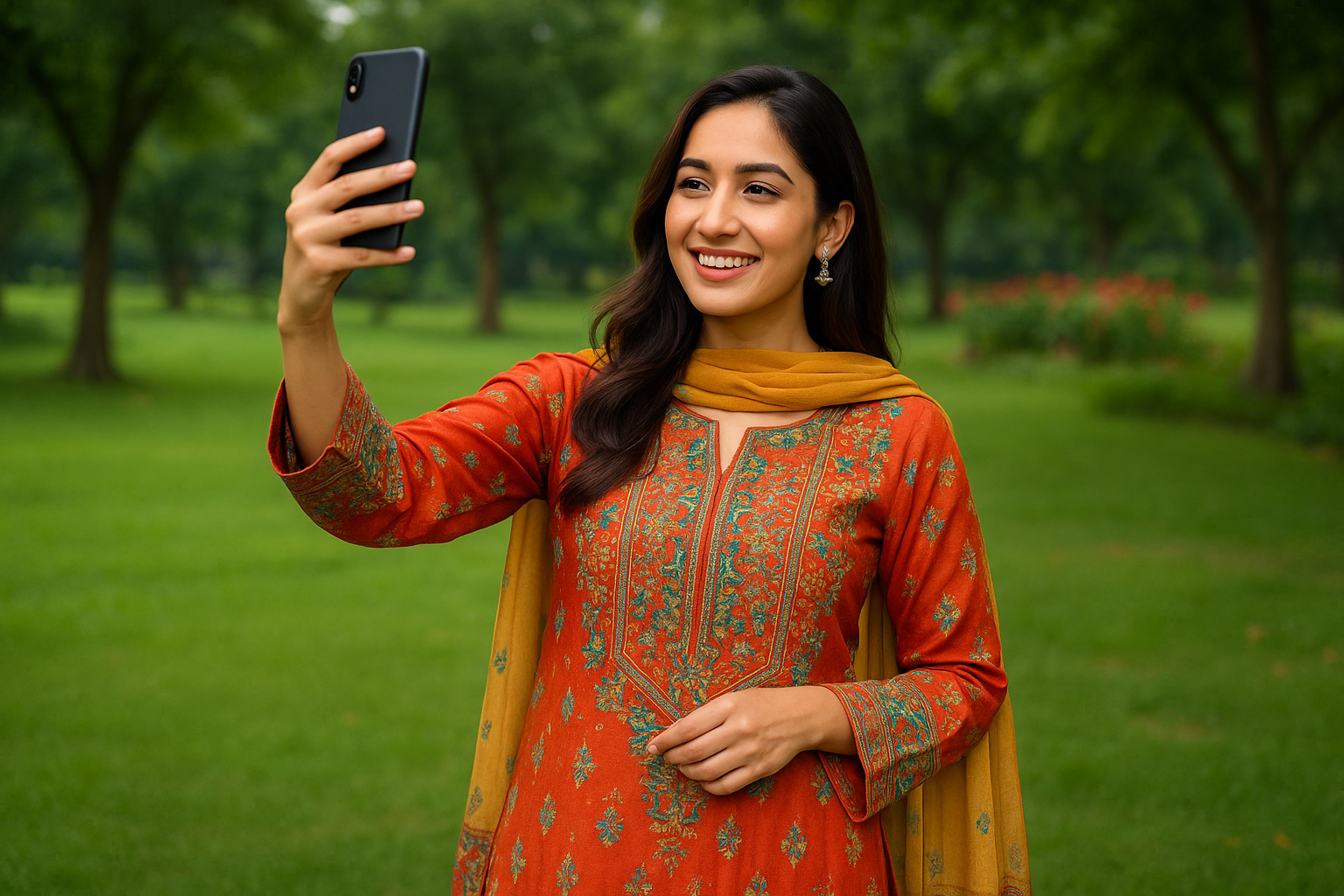 A women standing on a park taking her selfie in a traditional outfit like kameez shalwar